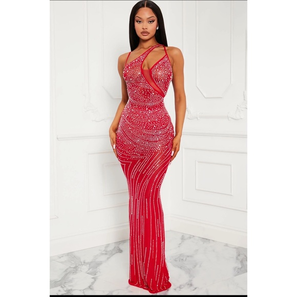 Fashion Nova Sarina Rhinestone Embellished Asymmetric Red Mesh Maxi Dress Gown S - Picture 1 of 3